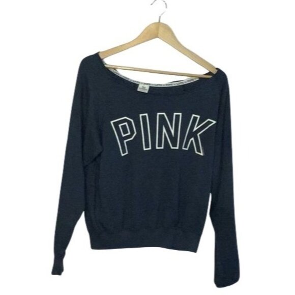 Victorias Secret Pink Womens Off-Shoulder Sweatshirt XS Navy Blue Cotton Blend - Picture 1 of 3
